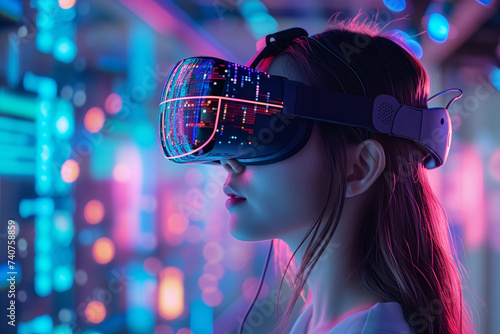 A young woman is immersed in a virtual reality world, surrounded by vibrant neon lights and futuristic technology.