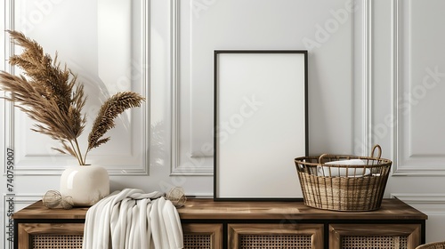 A mockup poster blank frame in a thin black metal frame, on a mid-century sideboard, accompanied by a woven basket with throw blankets, in monochrome white