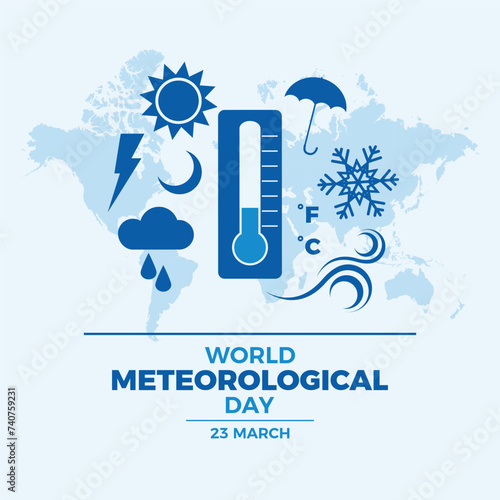 World Meteorological Day poster vector illustration. Weather blue icon set. Meteorology symbol collection. Template for background, banner, card. Every 23 March. Important day