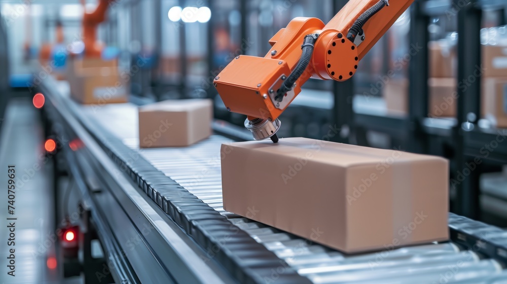 Detailed view of a robotic AGV arm engaging in automated package sorting on a conveyor belt in a modern logistics facility. Detailed view of a robotic AGV arm engaging in automated package sorting on a conveyor belt in a modern logistics facility.