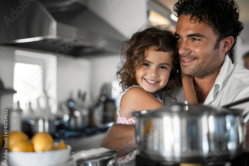 A father and his young daughter share a warm moment while preparing a meal in their cozy kitchen  surrounded by the familiar sights and smells of home