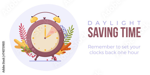 Daylight saving time end web banner, poster. Minimalist alarm clock with autymn leaves and berries, clock hand turning back to winter time. Fall back concept vector illustration. photo