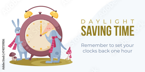 Daylight saving time end concept web banner, poster with two hares. Fall back. Reminder schedule about changing time. Rabbits in scarfs turning hour back on alarm clock.
