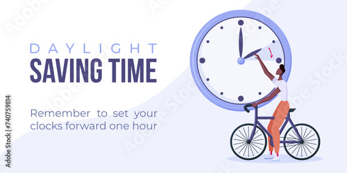 Daylight saving time begins. Spring forward web banner, poster. Vector illustration with african american man turning clock hour ahead, man on bicycle.