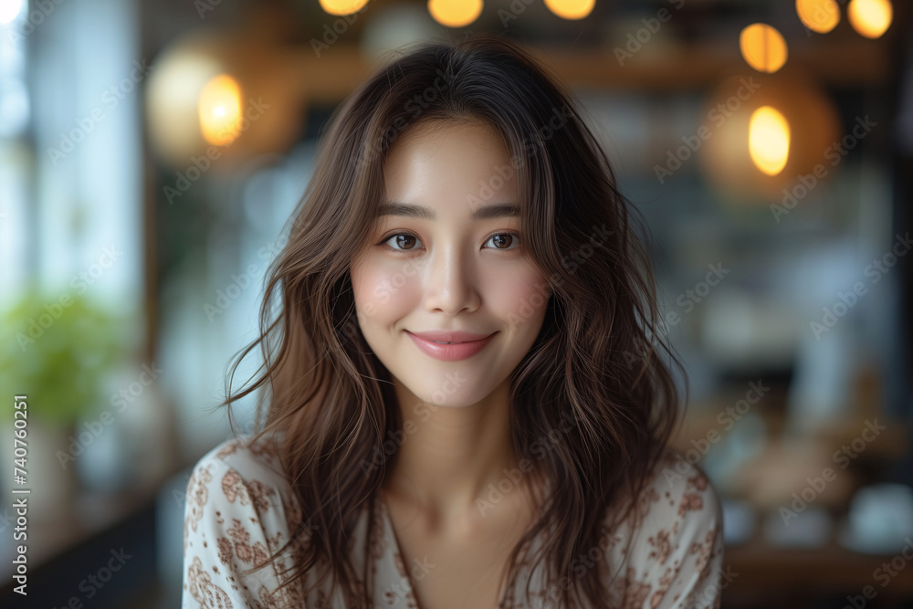 A young Asian woman with a captivating smile, dressed casually, enjoys a relaxed moment in a café with warm ambient lighting. A young Asian woman with a captivating smile, dressed casually, enjoys a relaxed moment in a café with warm ambient lighting.