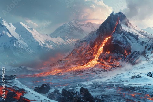 Lava from an awakened volcano covers snow fields