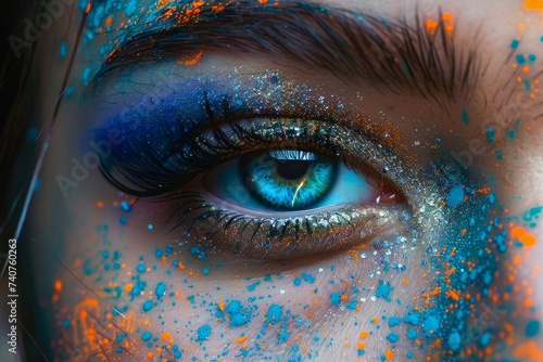 The intense gaze of a perfectly made-up eye, framed by long lashes and adorned with colorful shadow, draws you in to the intricate beauty of this essential organ