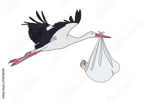 Hand-drawn flying stork with a newborn in flat design on transparent background