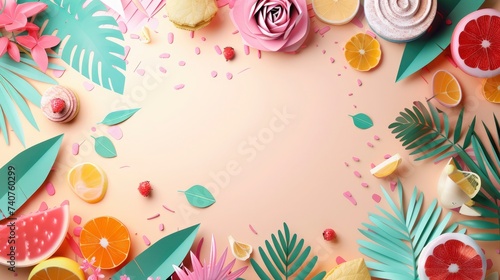 Vibrant Summer Paper Craft Flat Lay with Citrus and Flowers