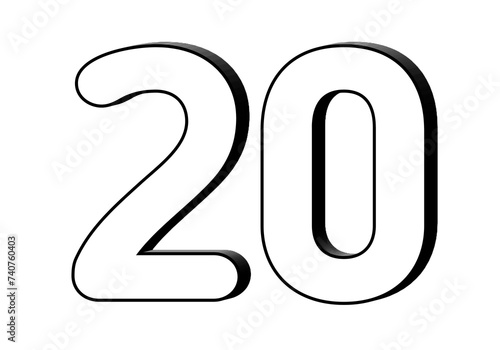 Number 20 twenty in white color sign symbol numbers for design elements isolated on transparent background