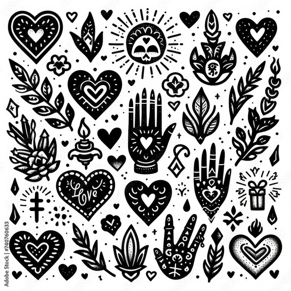 Hand drawn black hearts set pattern isolated on white background Hand drawn black hearts set pattern isolated on white background