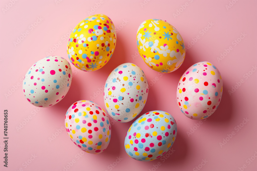 Vividly dotted Easter eggs on a soft pink background. Vividly dotted Easter eggs on a soft pink background.