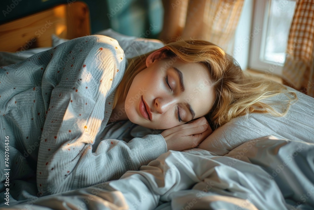 A young woman finds comfort and peace as she lays in bed, her skin glowing in the warm indoor light, dressed in soft bedclothes, taking a nap and escaping the worries of the world A young woman finds comfort and peace as she lays in bed, her skin glowing in the warm indoor light, dressed in soft bedclothes, taking a nap and escaping the worries of the world