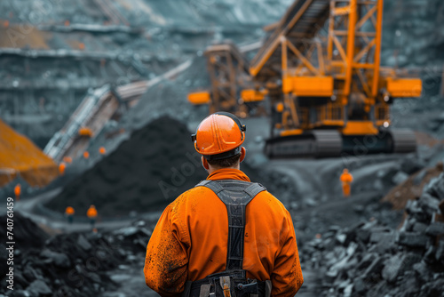 A miner gazes over a vast open-pit mine, machinery in the distance, exemplifying scale and industry.