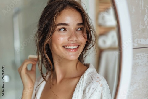 A woman's radiant smile shines through as she admires her reflection in the mirror, her long hair cascading over her layered dress, capturing the essence of beauty and confidence in this indoor portr photo