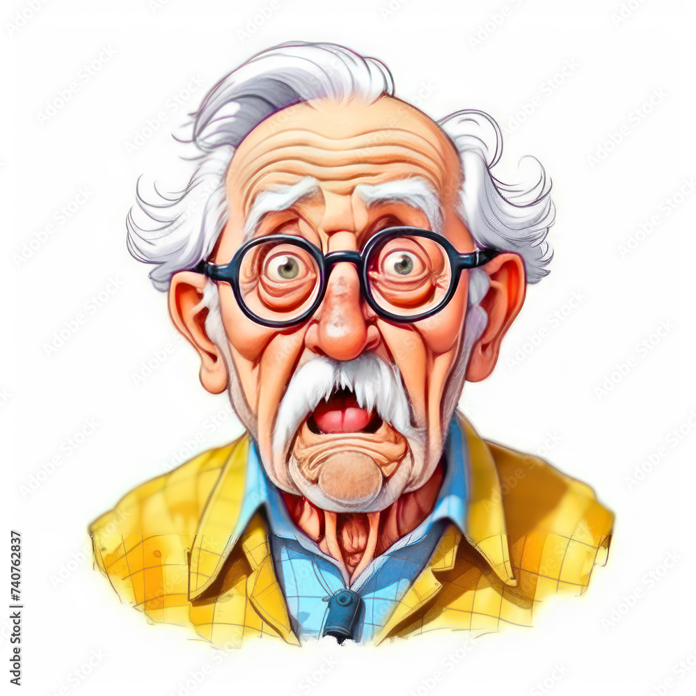 An elderly gray-haired man with a mustache and glasses is scared. Concept - emotions. Watercolor illustration on a white background An elderly gray-haired man with a mustache and glasses is scared. Concept - emotions. Watercolor illustration on a white background