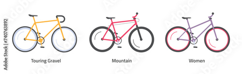 Bicycle gravel road sport mountain women icon vector graphic illustration set, race and city bike image clipart isolated on white background, cycle types, kid child vehicles simple flat cartoon design