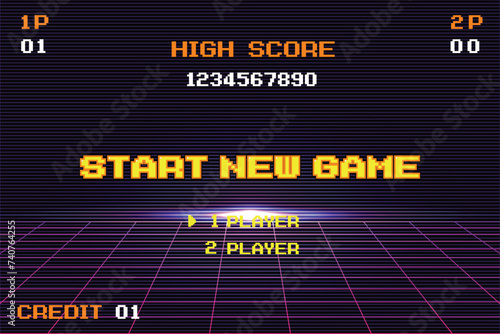 START NEW GAME play .Synthwave wireframe net illustration. pixel art .8 bit game. retro game. for game assets .Retro Futurism Sci-Fi Background. glowing neon grid. and stars.