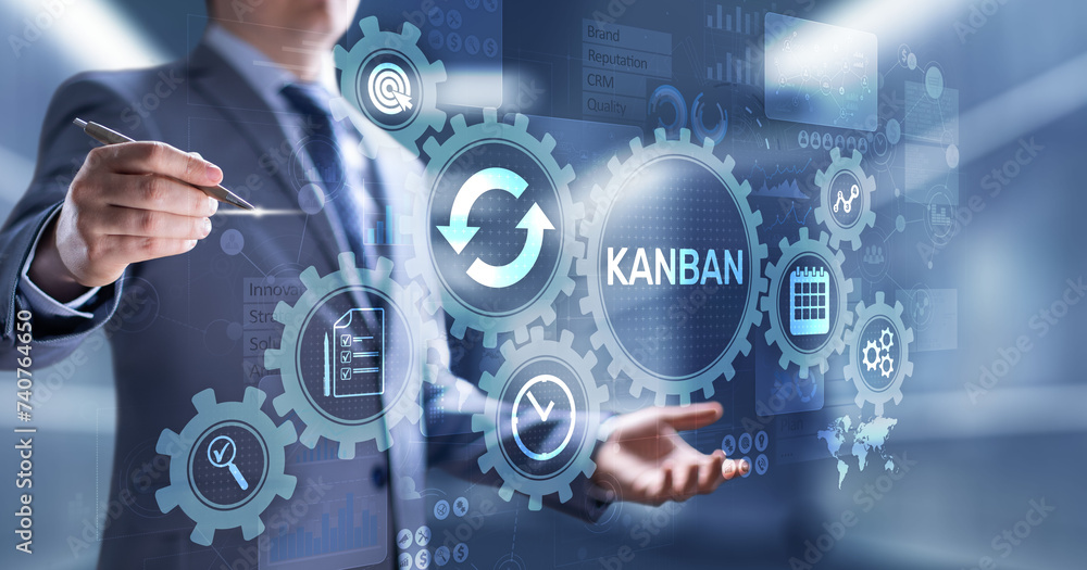 Kanban work flow process management system concept on virtual screen. Kanban work flow process management system concept on virtual screen.