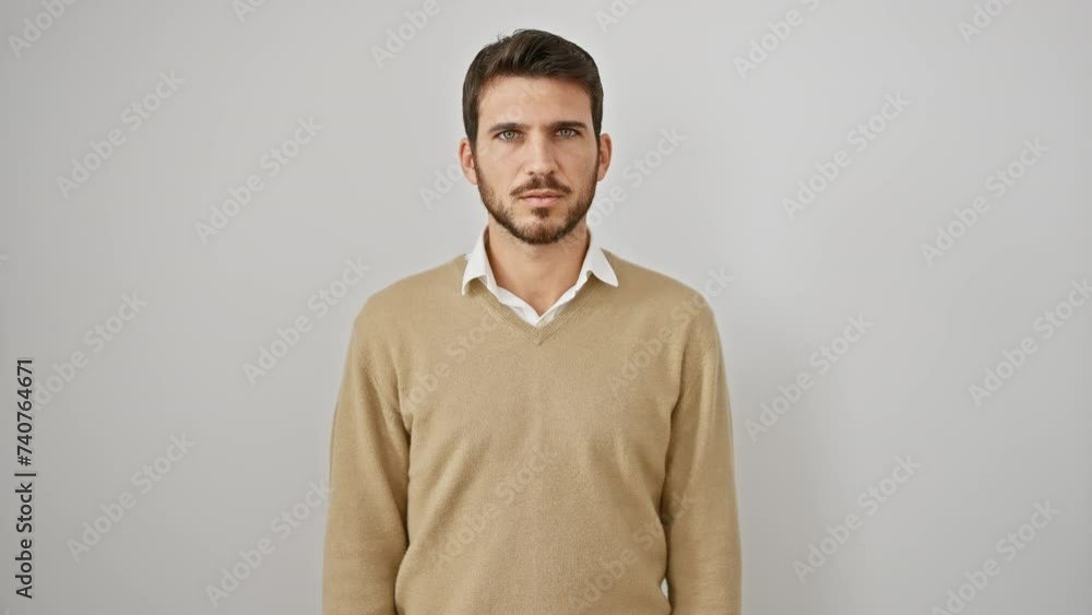 Young hispanic man wearing sweater standing with serious expression on face. simple and natural looking at the camera. over isolated white background Young hispanic man wearing sweater standing with serious expression on face. simple and natural looking at the camera. over isolated white background