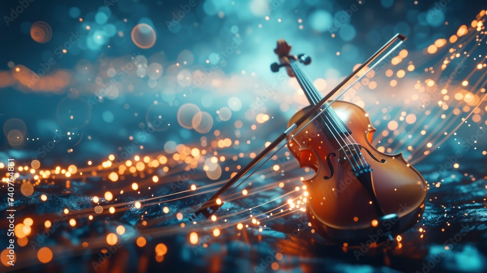 A 3D render of a musical instrument placed against an abstract background with musical notes and sound waves, symbolizing music and creativity - obrazy, fototapety, plakaty 