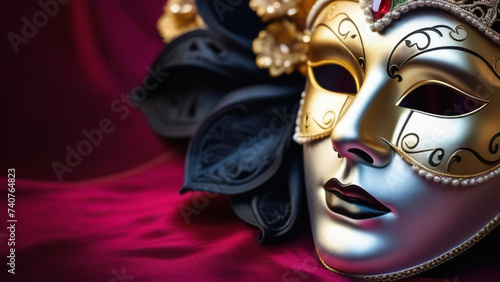 a Venetian mask and festive carnival lights on the background. Красный, черный, золотой. © MariКа