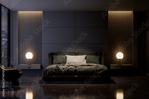 Fototapeta Naklejka Na Ścianę i Meble -  Modern style luxury black master bedroom with city view in the night 3d render, There are black terrazzo floor decorated wall with hidden light, furnished with black fabric bed