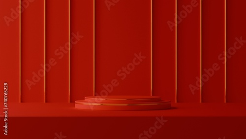 Realistic chinese room with podium and golden line pedestal showcase briliant red web dark red pink purple buy sell image popular buisnees site background - 3D Illustration