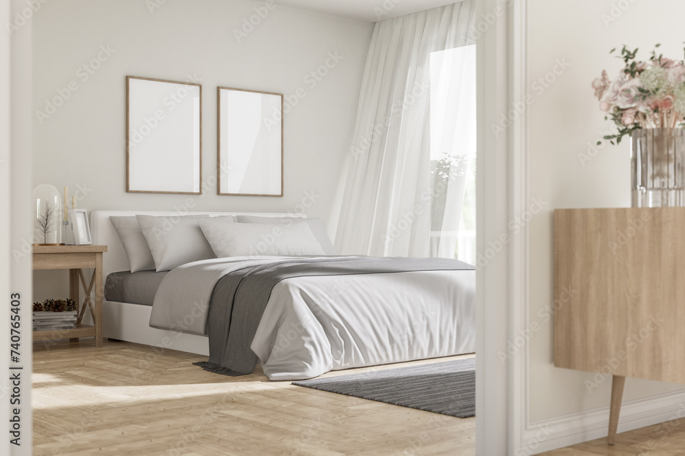 Fototapeta premium Modern contemporary cozy white bedroom view from outside the room through the door 3d render, The rooms have wooden floors and white walls , large window nature light in to the room
