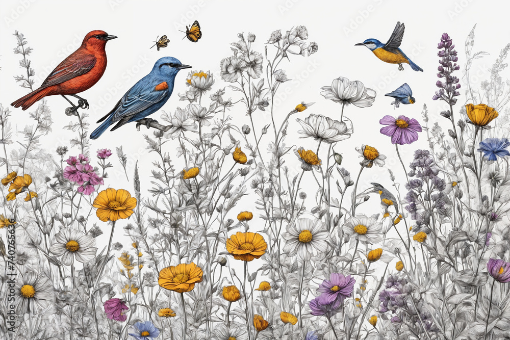 Color Hand drawn blooming flowers, butterflies, birds on blank background. Color floral composition in vintage style. Generative Ai