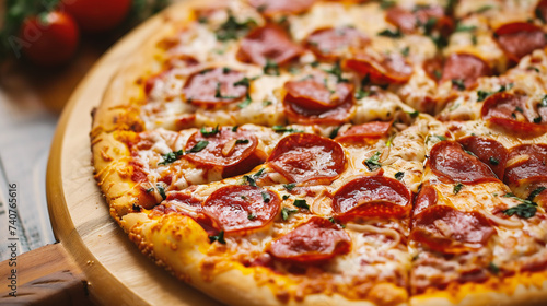 Pizza with salami and mozzarella cheese on wooden background