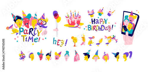 Birthday Party Background set with Fun colorful Characters