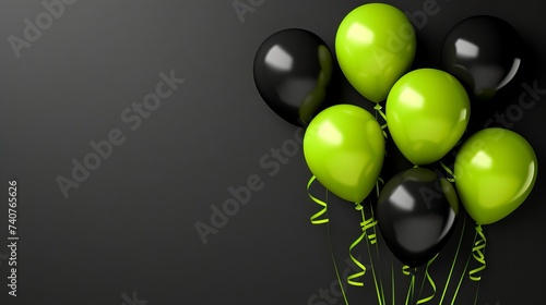 Black friday sale ad with green and black balloons on dark background, text space, shopping concept