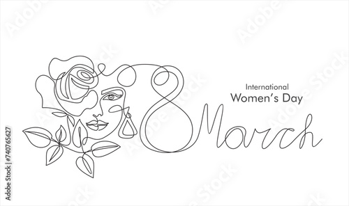 International Women's Day greeting card. Illustration with one line woman face, rose flower and leaves. Women empowerment. Vector illustration.	