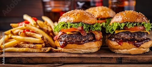 Three burgers and French fries served on a rustic wooden cutting board. This fast food staple features fried ingredients and is a popular dish in many cuisines