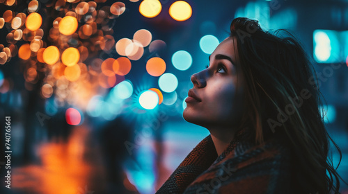 Beautiful young woman in the city at night with bokeh lights