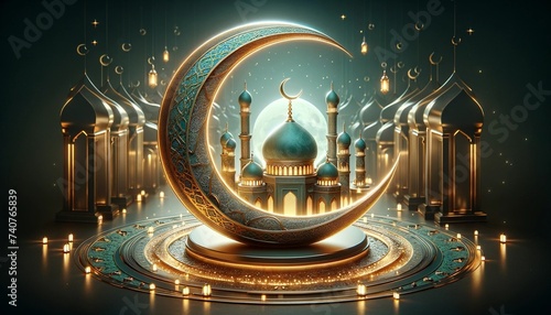 Islamic moon and stars in gold, written on a black background during Ramadan Kareem.