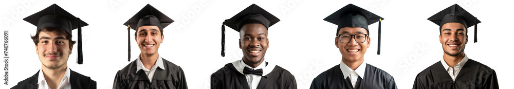 Confident graduate smiling in cap and gown. Portrait of young men graduate in academic dress, celebrating. Collection isolated on transparent background Confident graduate smiling in cap and gown. Portrait of young men graduate in academic dress, celebrating. Collection isolated on transparent background
