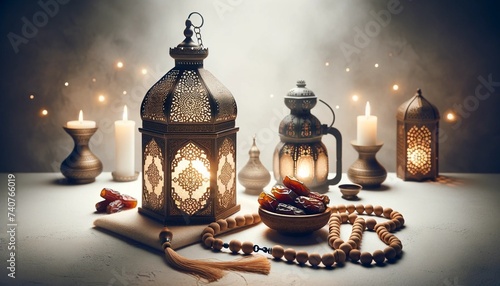 ramzan concept, lantern tasbih and dates on white background,old fashioned lamp and candle photo