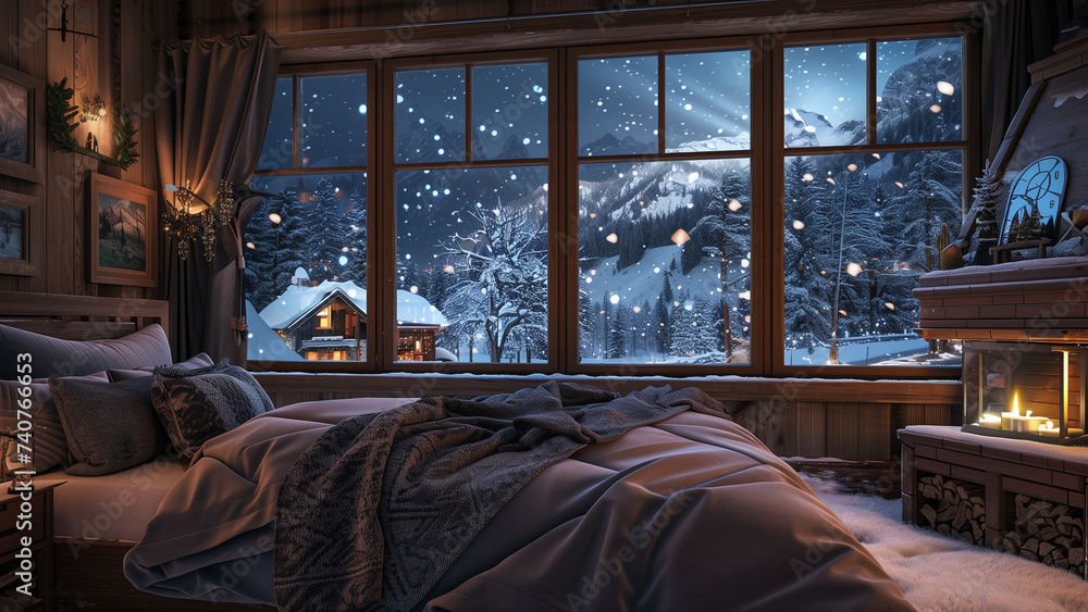 Enchanting Nights: A Cozy Wooden Bedroom Overlooking a Snowy Village