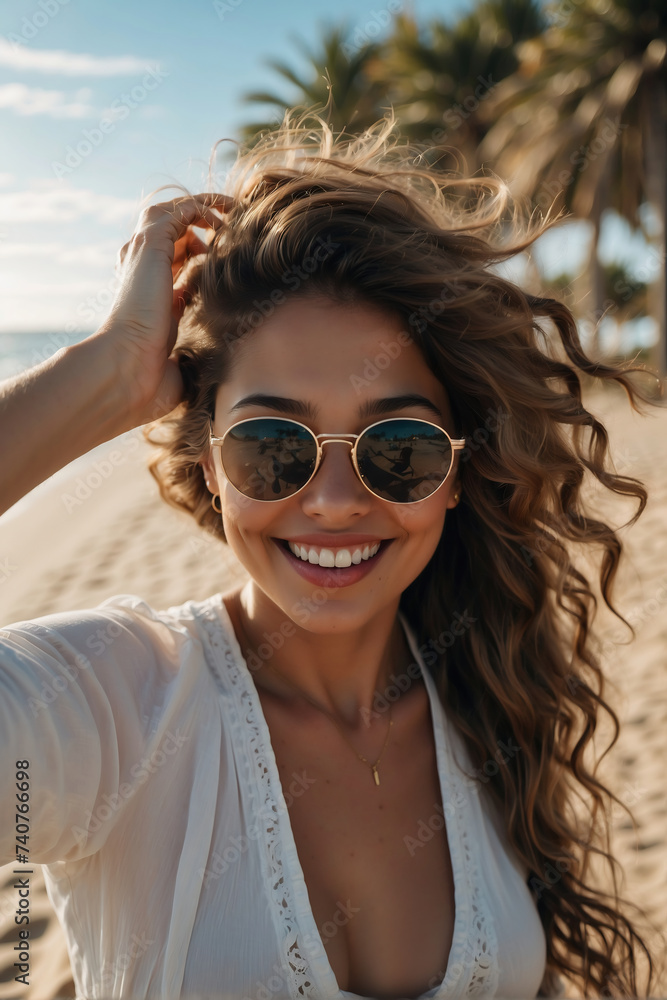 Fröhliche junge Frau mit Sonnenbrille macht ein Selfie am Strand Fröhliche junge Frau mit Sonnenbrille macht ein Selfie am Strand