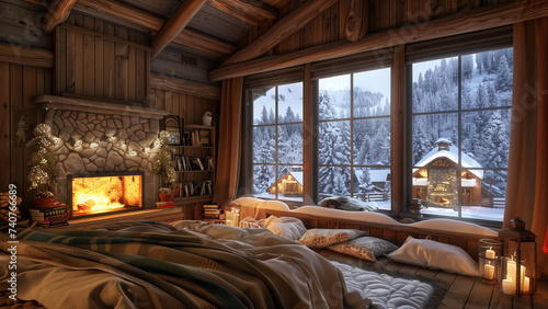 Enchanting Nights: A Cozy Wooden Bedroom Overlooking a Snowy Village © 대연 김