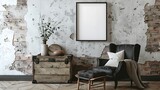 A mockup poster blank frame hanging on a salvaged trunk, above a comfortable armchair, meditation room, Scandinavian style interior design