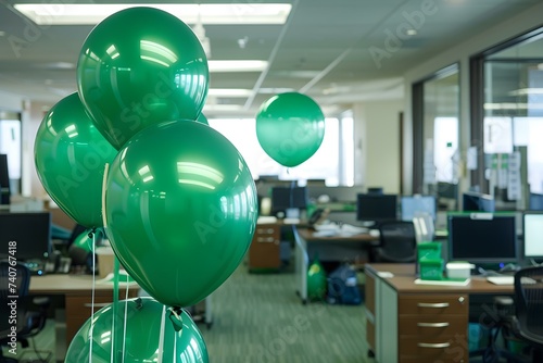 An office adorned with green balloons reflecting St Patricks corporate spirit. Concept Office Decor, Balloon Arrangement, St, Patrick's Day Theme, Corporate Spirit, Green Color Palette photo