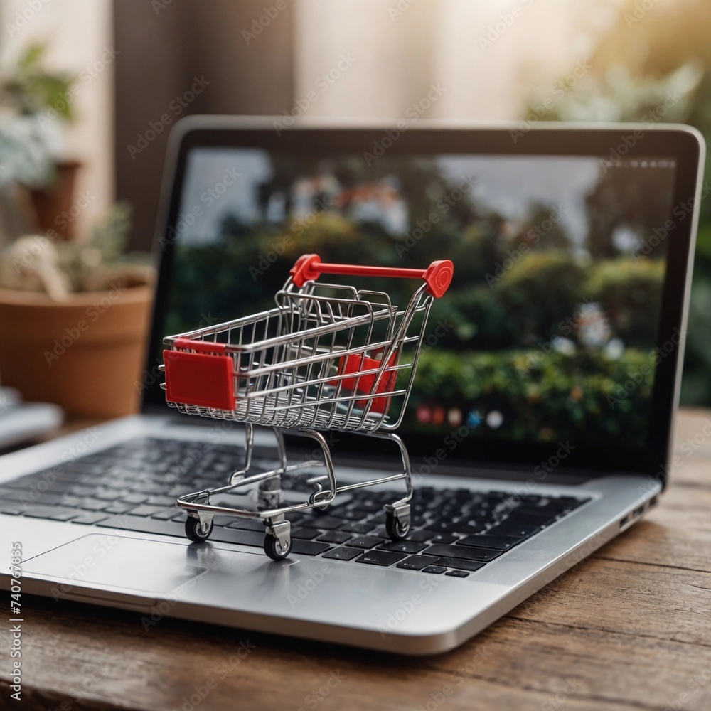 Shopping cart on a laptop.  E-commerce conceptual image