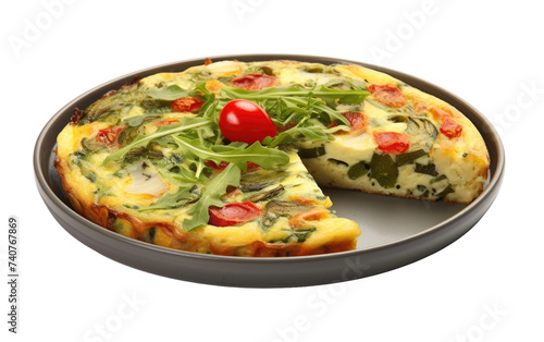 Quiche With a Slice Removed. A quiche with a slice cut out of it, revealing its savory filling and golden crust. on White or PNG Transparent Background.
