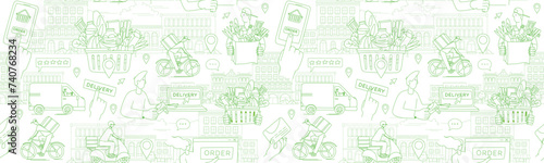 Mobile app to order grocery. Courier delivering. Seamless line pattern