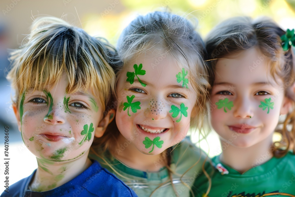 Fototapeta premium Children with St Patrick's Day face paint adorned with shamrock cheeks. Concept St Patrick's Day, Face Paint, Shamrock Cheeks, Children, Adorned
