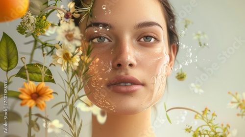A 3D render of a woman model with glowing  healthy skin  surrounded by floating  ethereal representations of organic ingredients like flowers  herbs  and fruits