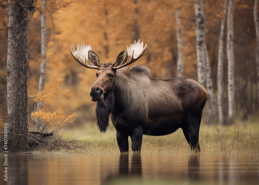 Moose in nature with large horns